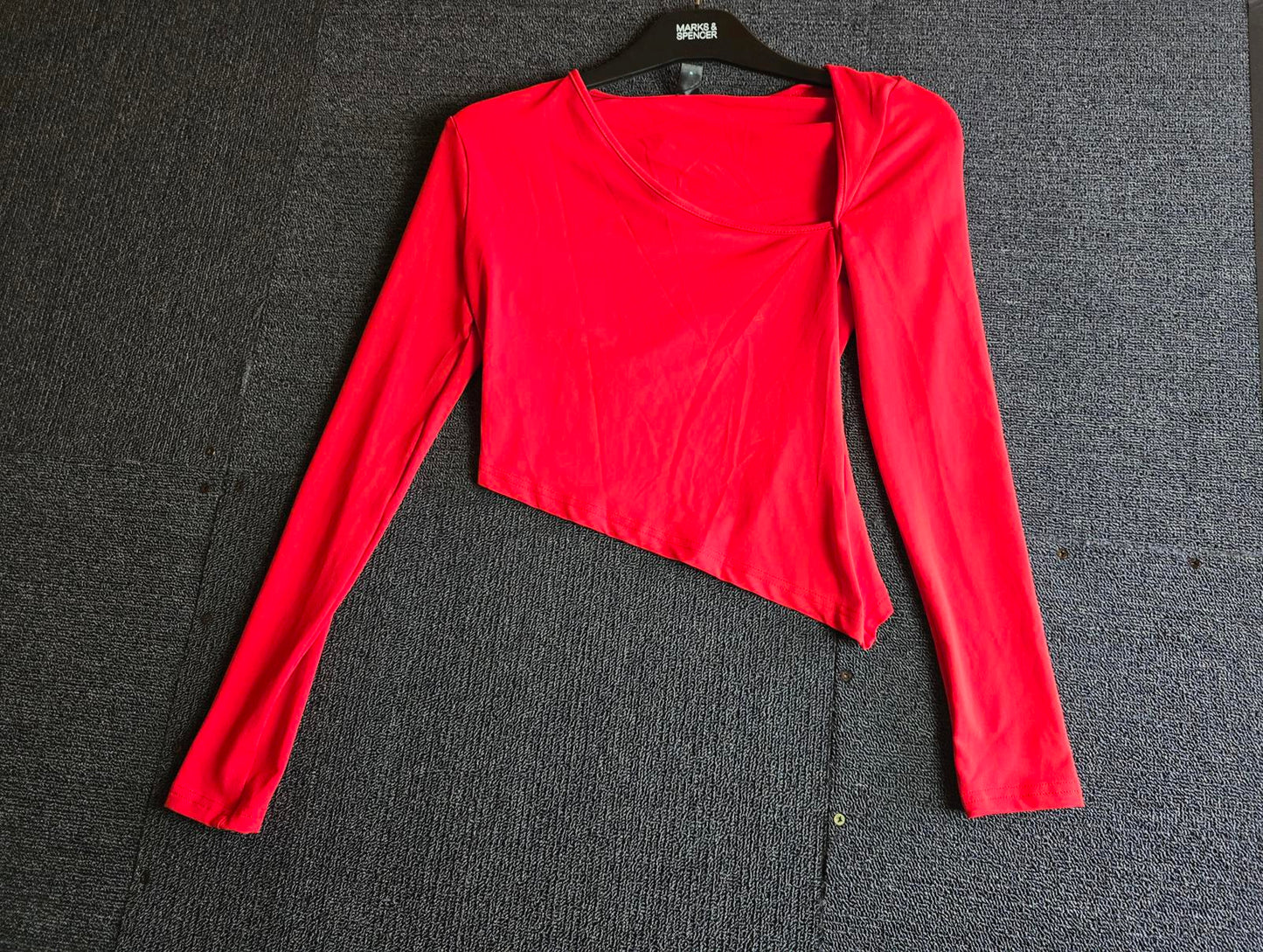 Shein Red Asymmetrical Crop Top Size XS Long Sleeve Bodycon NWT