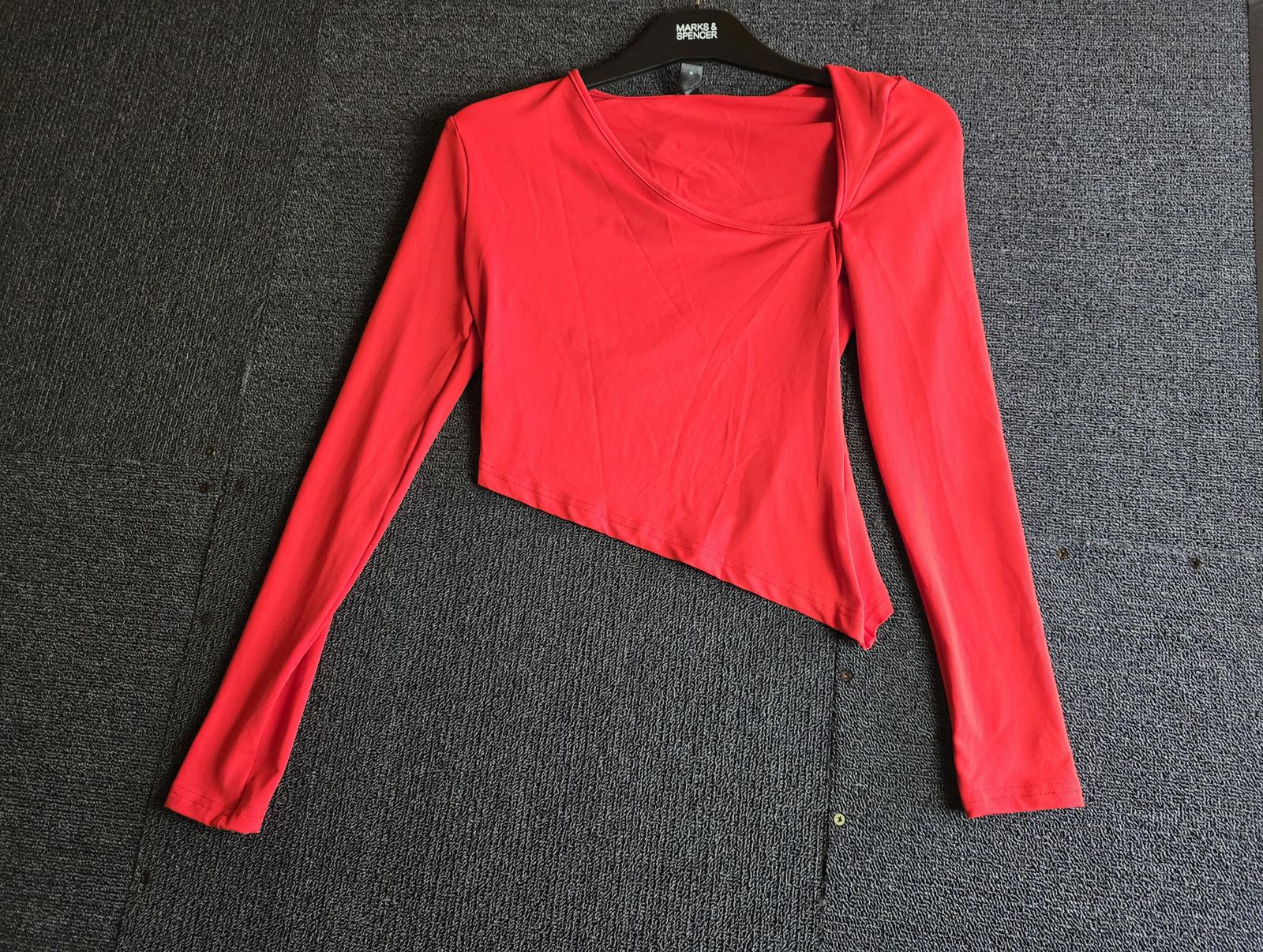 Shein Red Asymmetrical Crop Top Size XS Long Sleeve Bodycon NWT