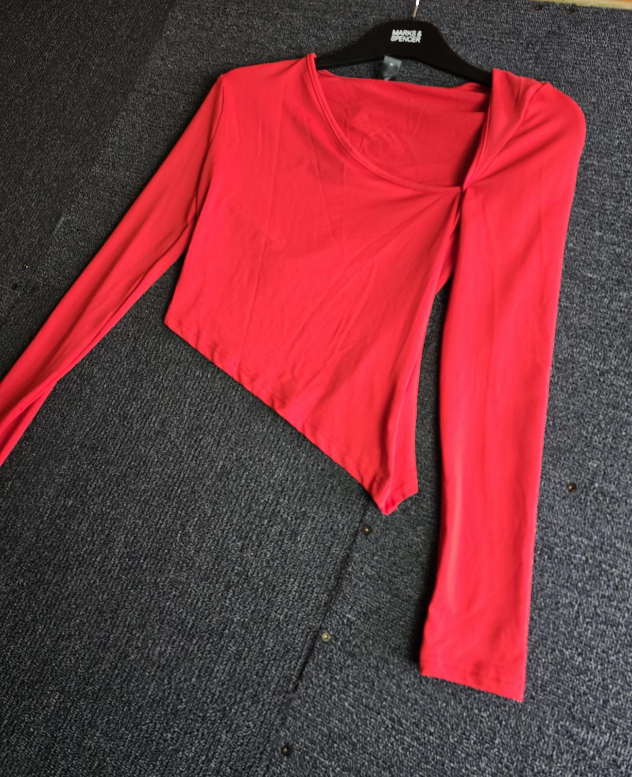 Shein Red Asymmetrical Crop Top XS 6-8 Long Sleeve Bodycon NWT