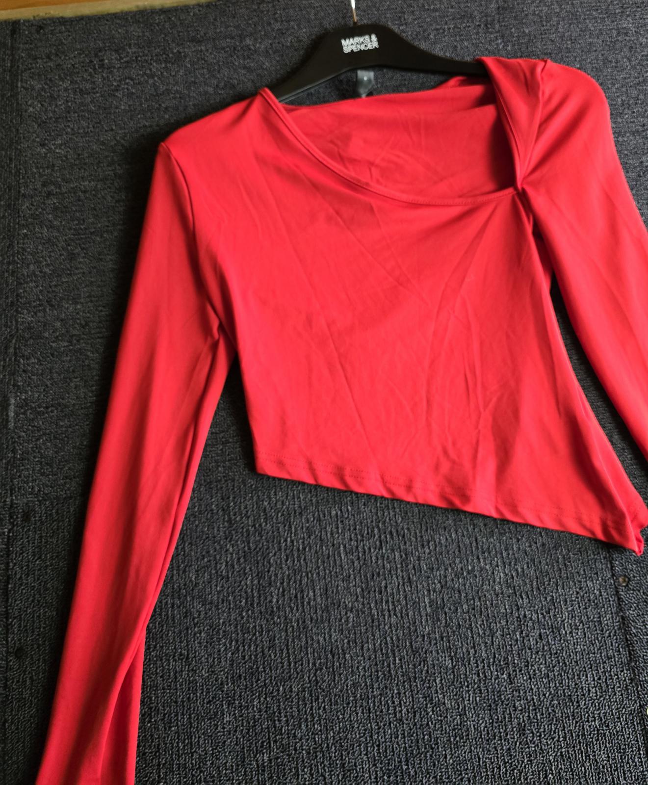 Shein Red Asymmetrical Crop Top XS 6-8 Long Sleeve Bodycon NWT