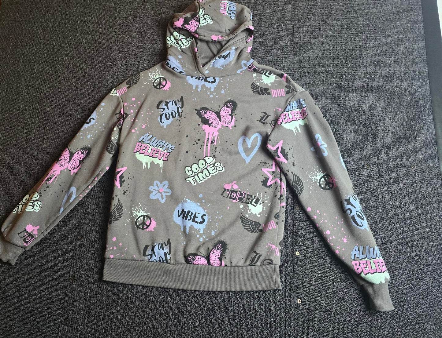 Primark Grey Graffiti Style Hoodie – Girls 10-11 Years