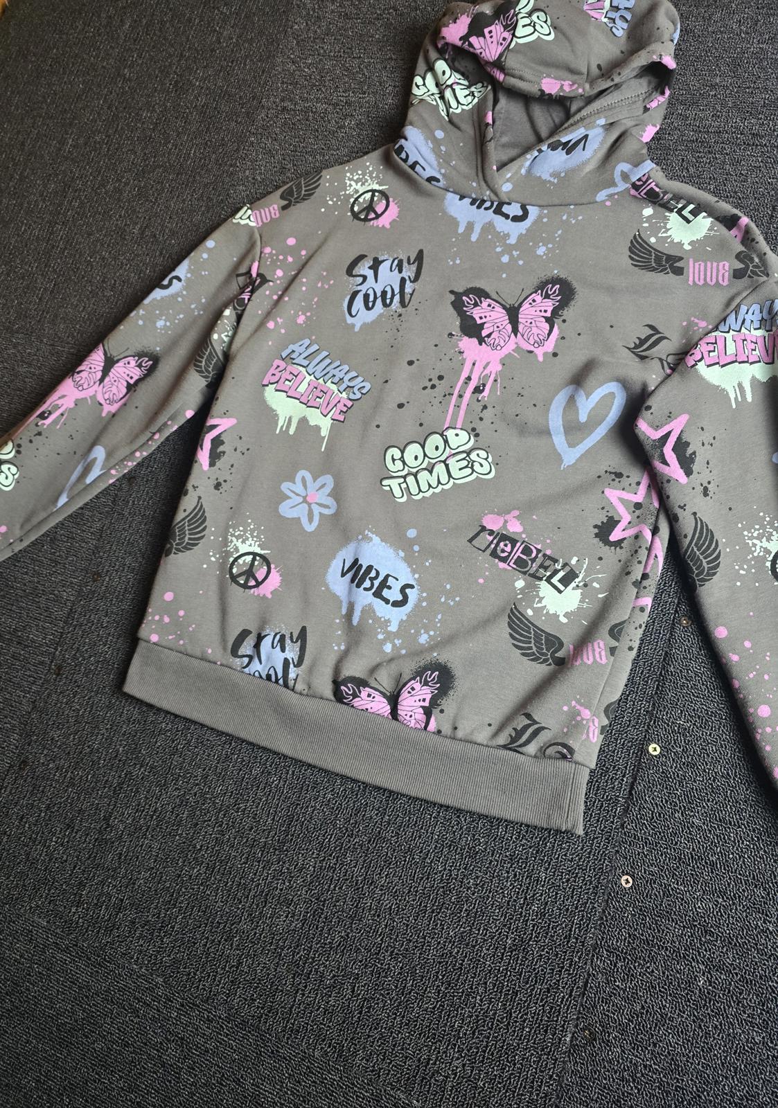 Primark Grey Graffiti Style Hoodie – Girls 10-11 Years