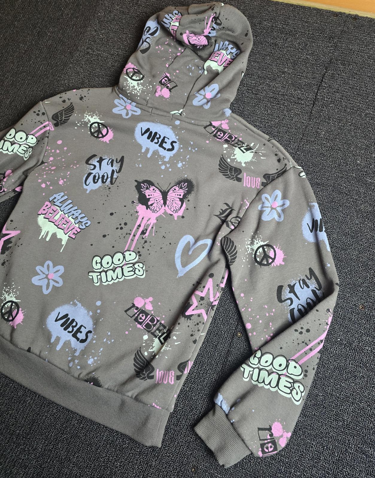 Primark Grey Graffiti Style Hoodie – Girls 10-11 Years