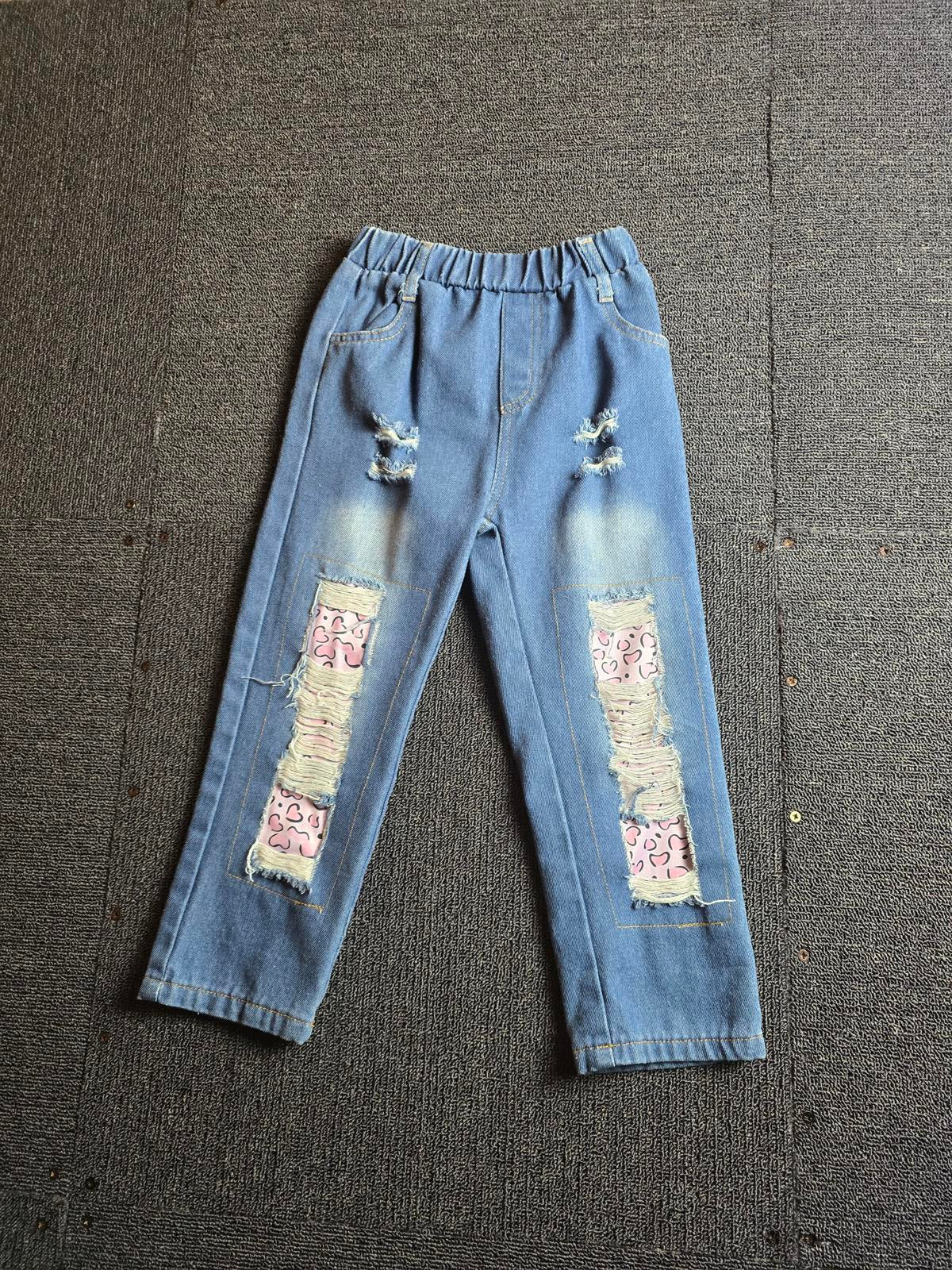 Pat Pat Blue Distressed Jeans – Girls 4–5 Years – Polyester – Leopard Patch Detail