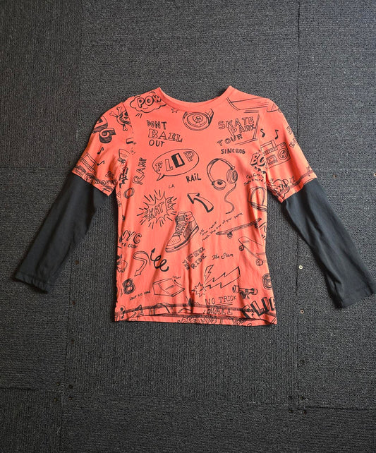 F&F Coral Orange & Black Long Sleeve Graphic Tee – Boys 7–8 Years