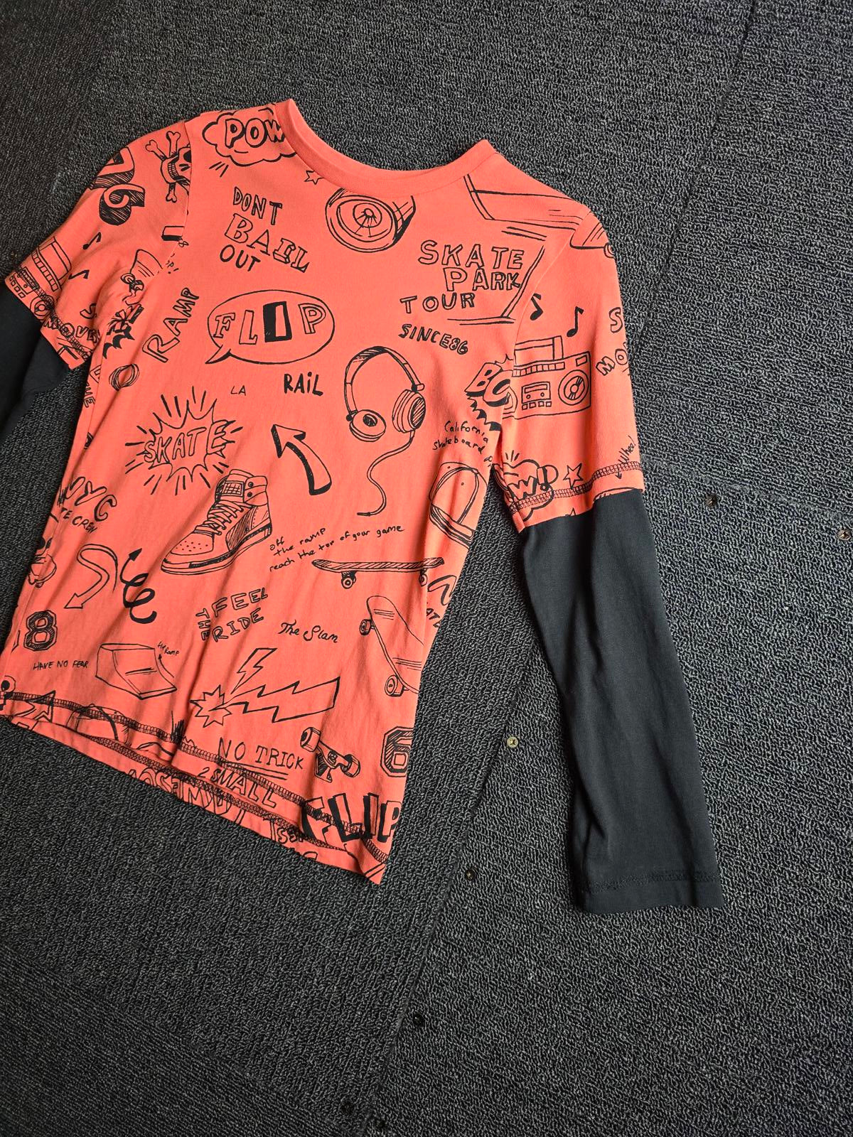 F&F Coral Orange & Black Long Sleeve Graphic Tee – Boys 7–8 Years