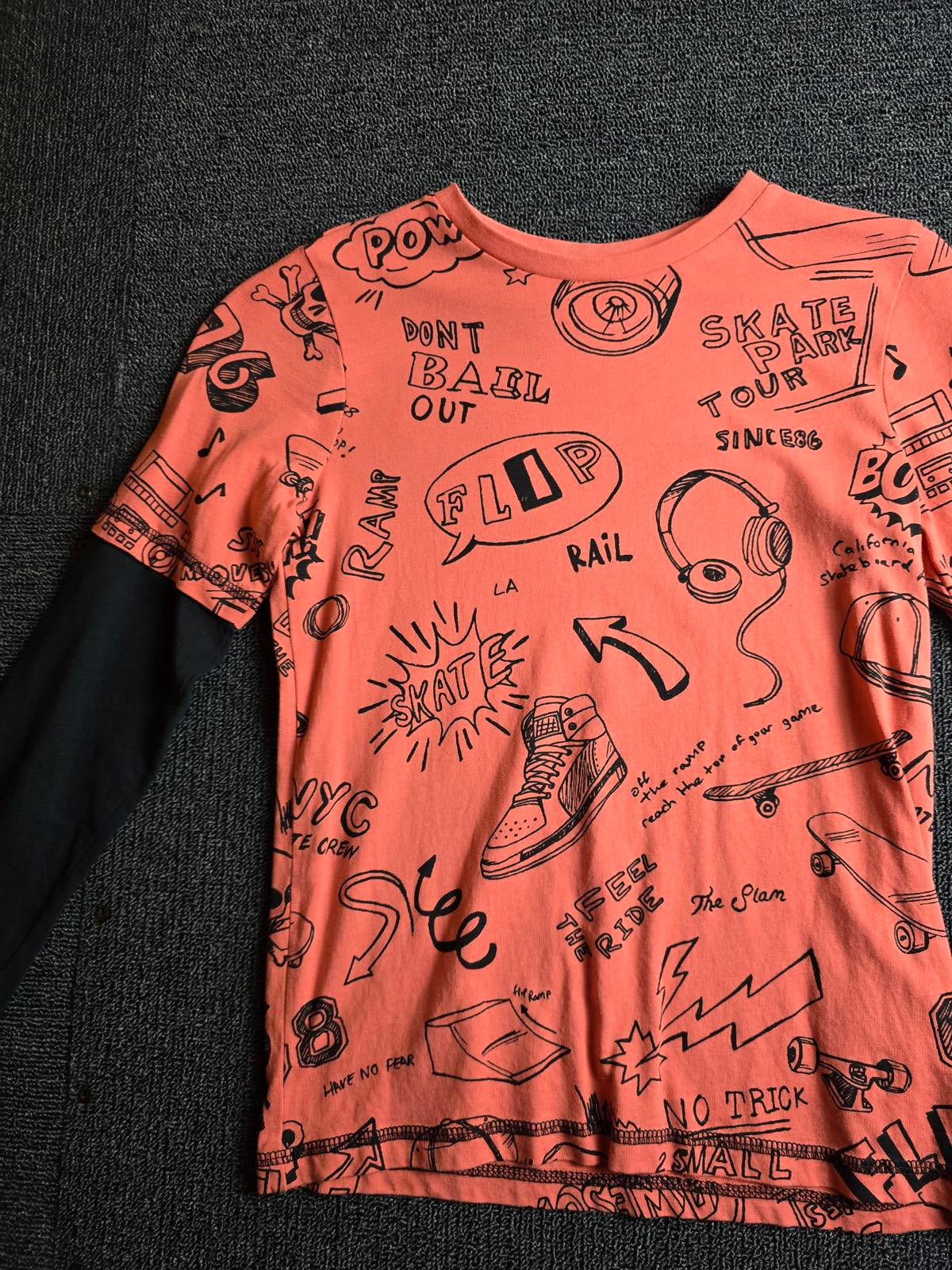 F&F Coral Orange & Black Long Sleeve Graphic Tee – Boys 7–8 Years