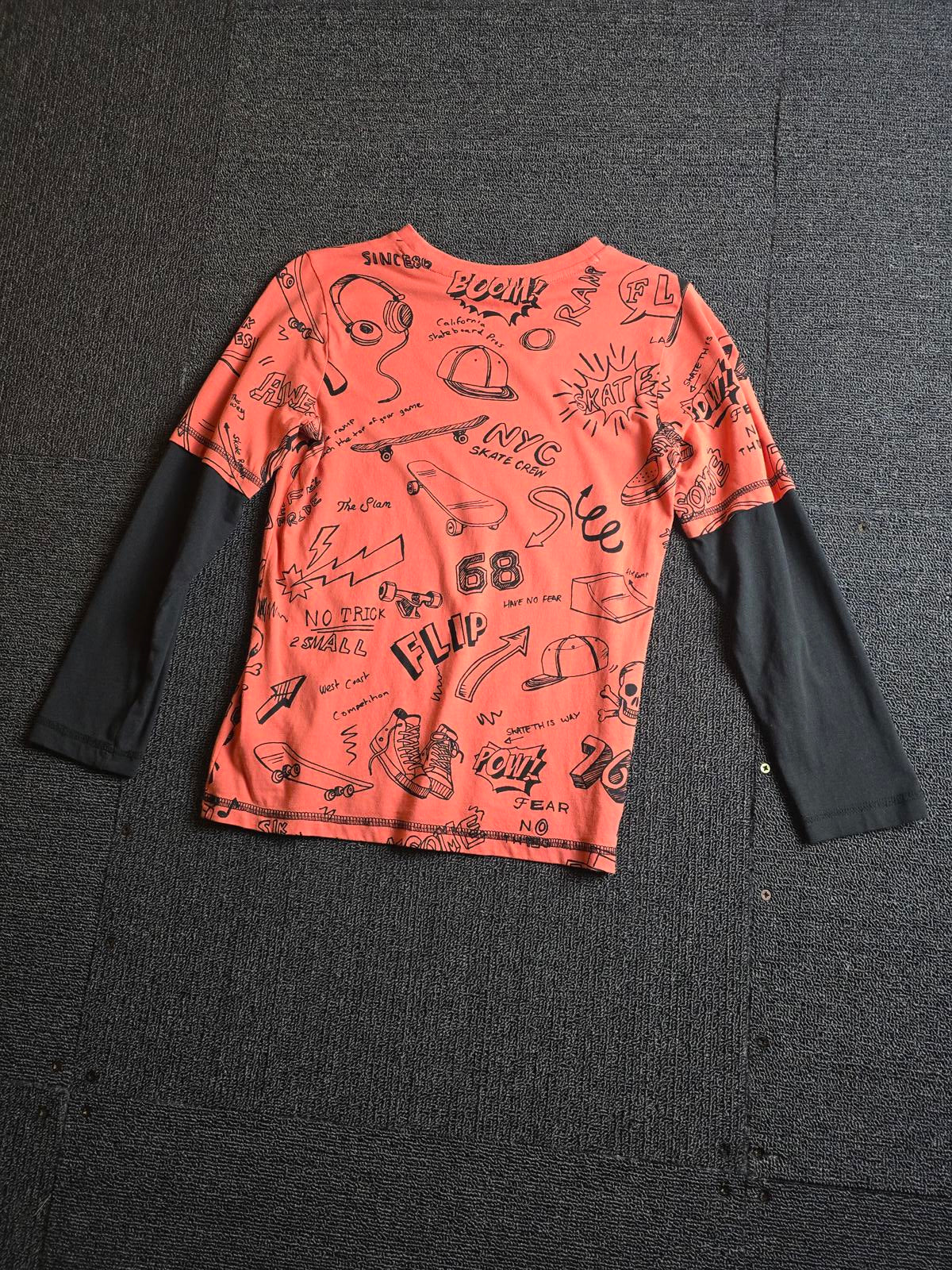 F&F Coral Orange & Black Long Sleeve Graphic Tee – Boys 7–8 Years