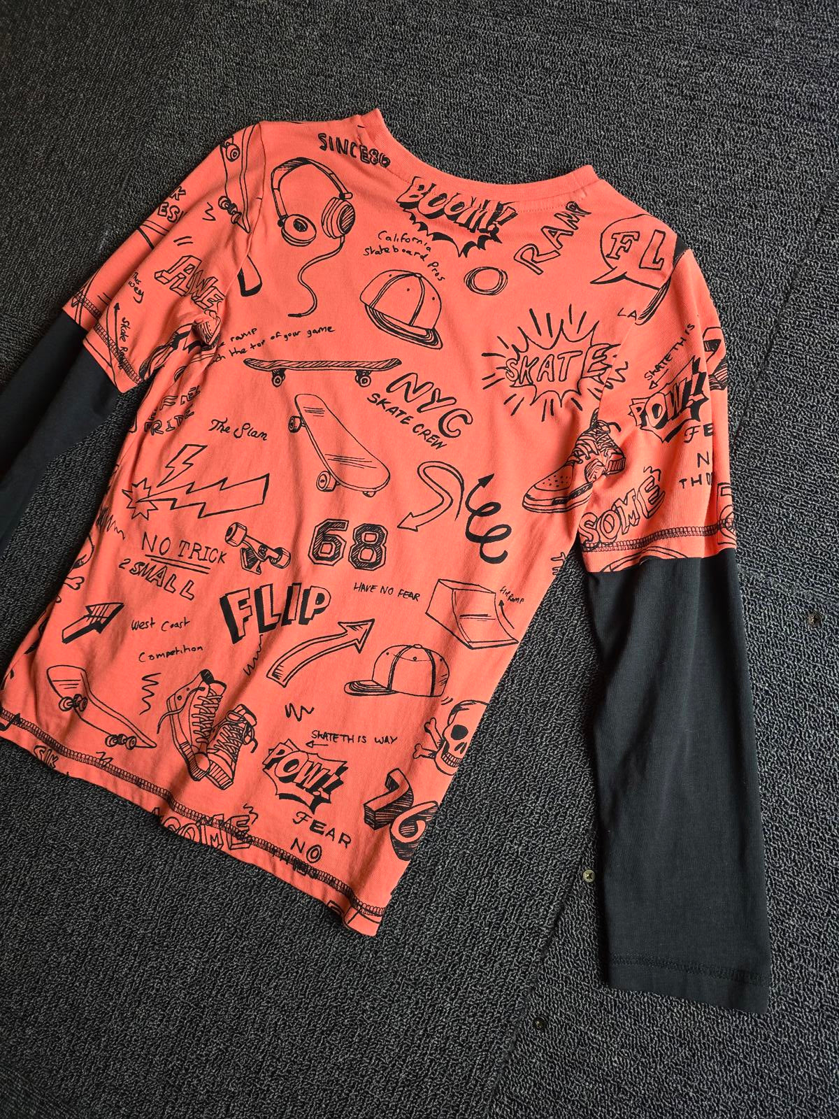 F&F Coral Orange & Black Long Sleeve Graphic Tee – Boys 7–8 Years