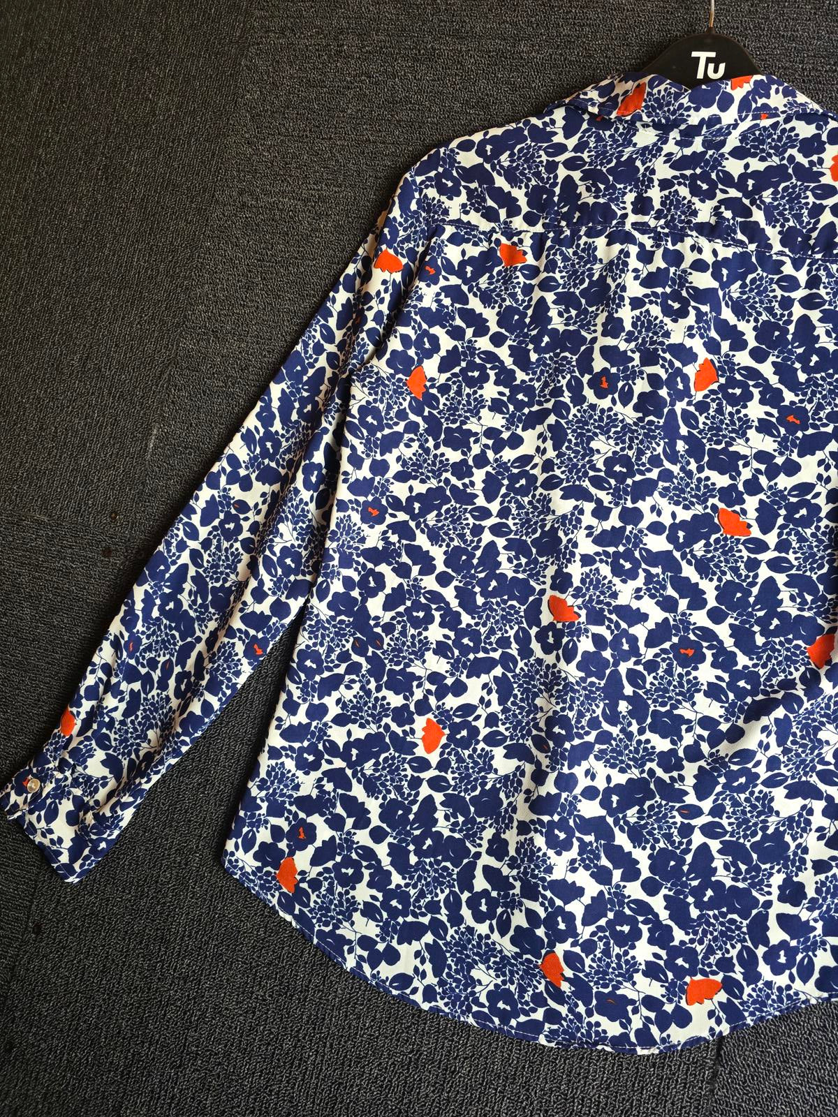Primark Blue Floral Shirt Red Print Button Up Size 8