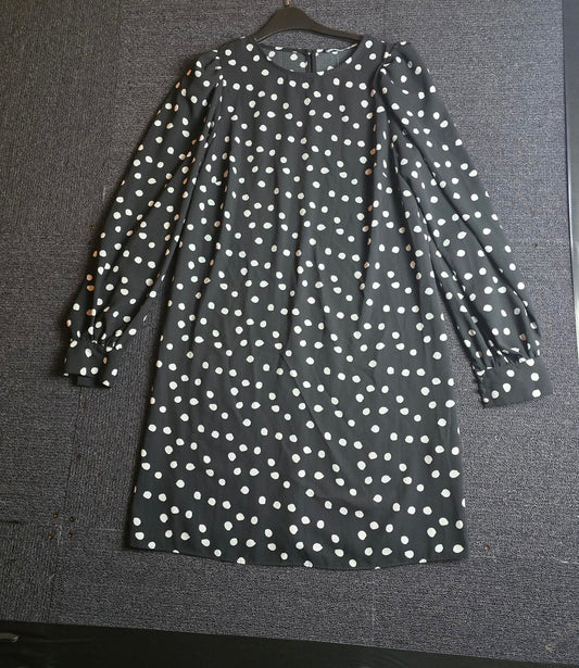 Matalan Polka Dot Dress Black White Long Sleeve Size 8 Work Occasion