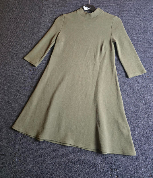 Primark Khaki Fit & Flare Dress High Neck 3/4 Sleeve Size 6 Casual