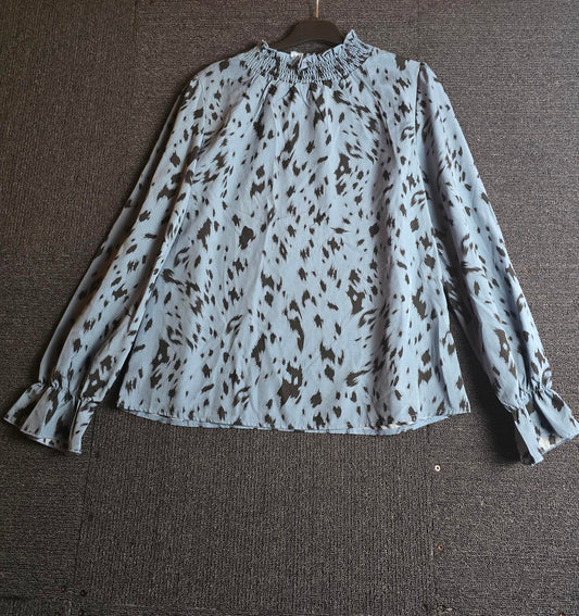 Shein Blue Black Animal Print Blouse High Neck Long Sleeve Size 12/14
