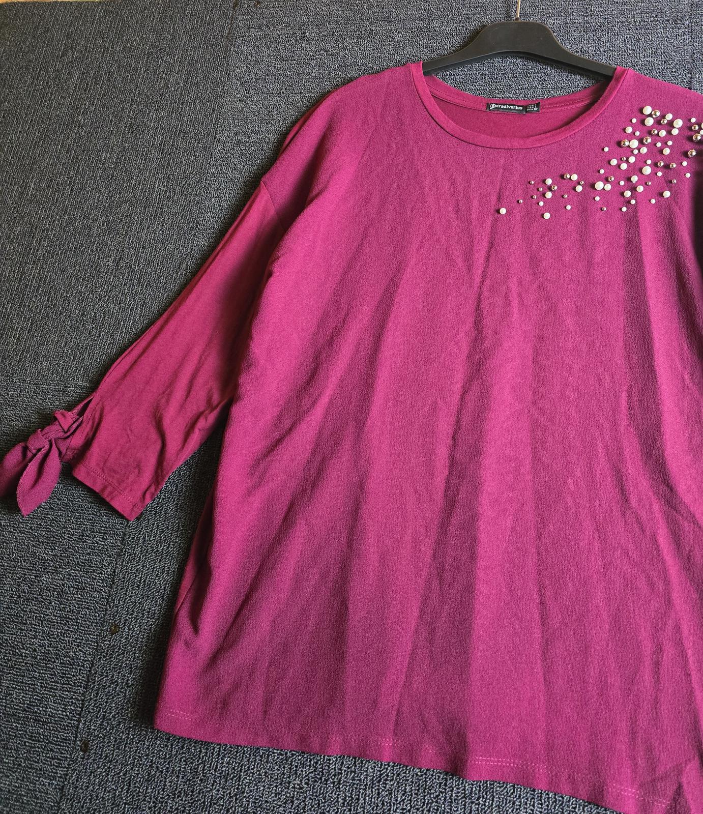 Stradivarius Top Burgundy Red L Size 14/ 16 Gem Pearl Detail 3/4 Sleeve