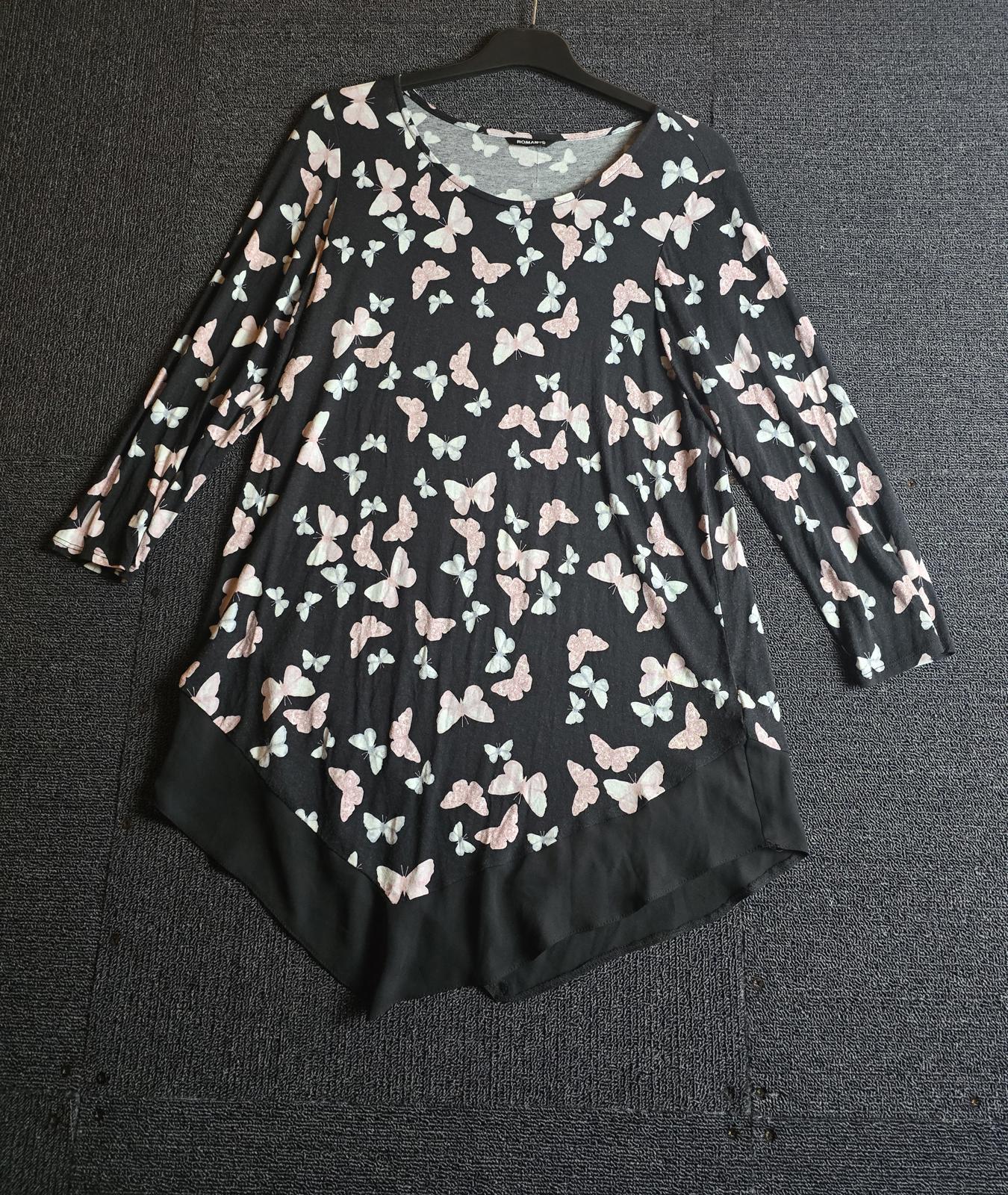 Roman Butterfly Print Top – Black & Pink Asymmetric Hem Size 10