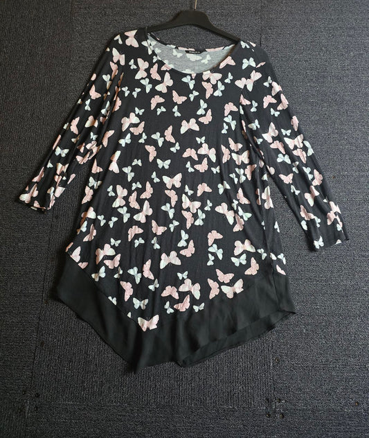 Roman Butterfly Print Top – Black & Pink Asymmetric Hem Size 10