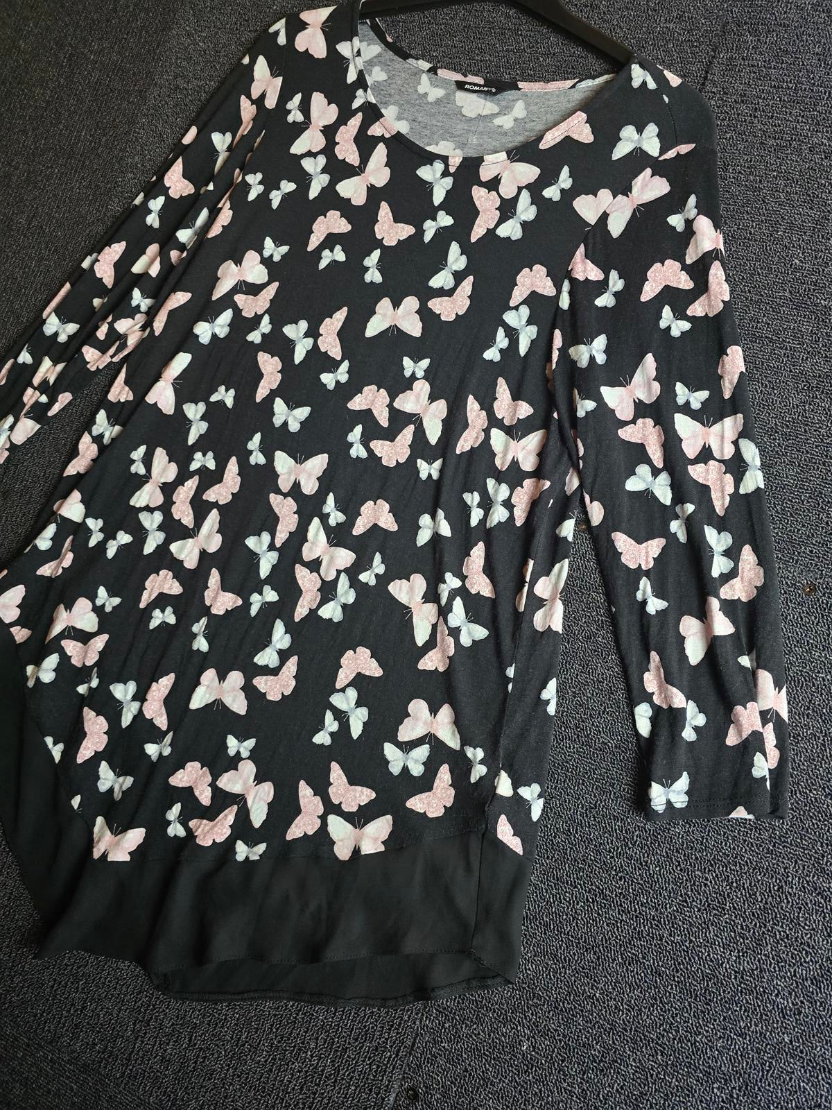 Roman Butterfly Print Top – Black & Pink Asymmetric Hem Size 10