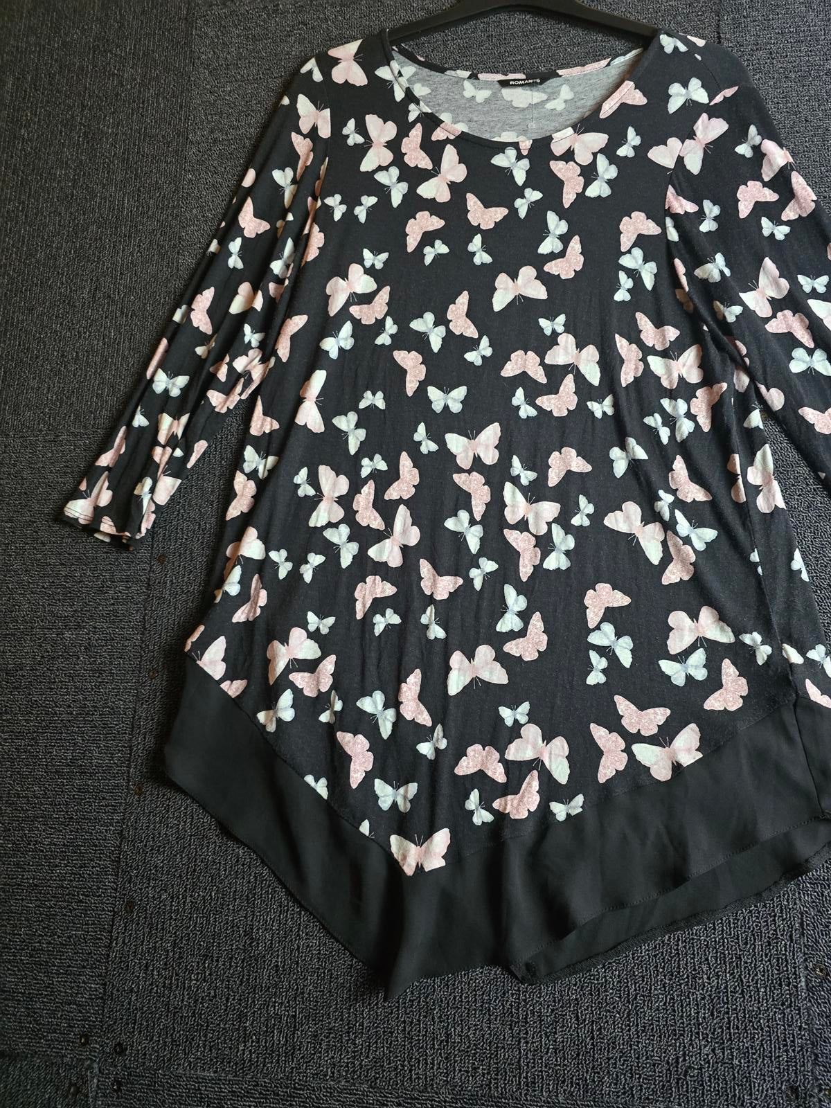 Roman Butterfly Print Top – Black & Pink Asymmetric Hem Size 10