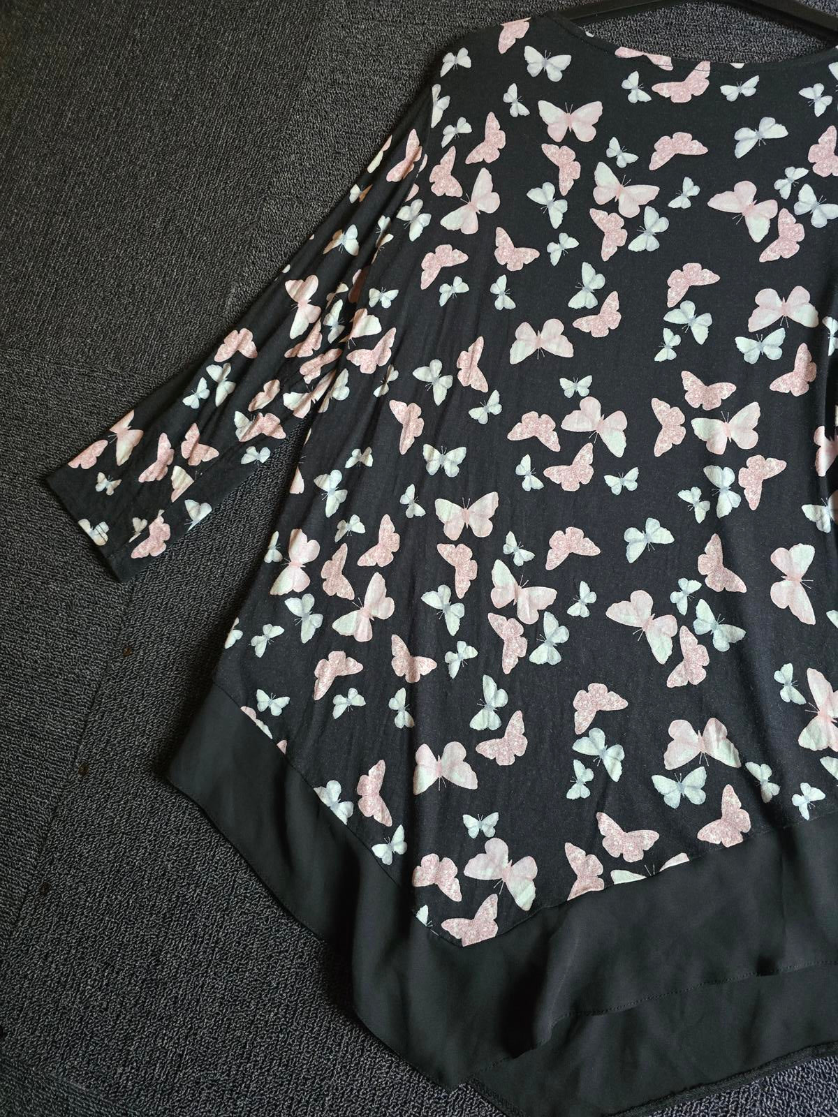 Roman Butterfly Print Top – Black & Pink Asymmetric Hem Size 10