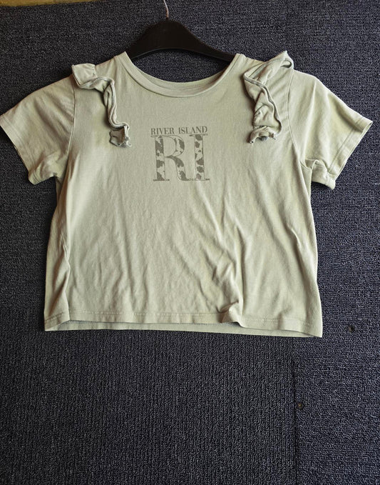 River Island Girls Khaki Cropped T-Shirt Age 9–10 Frill Sleeve Cotton