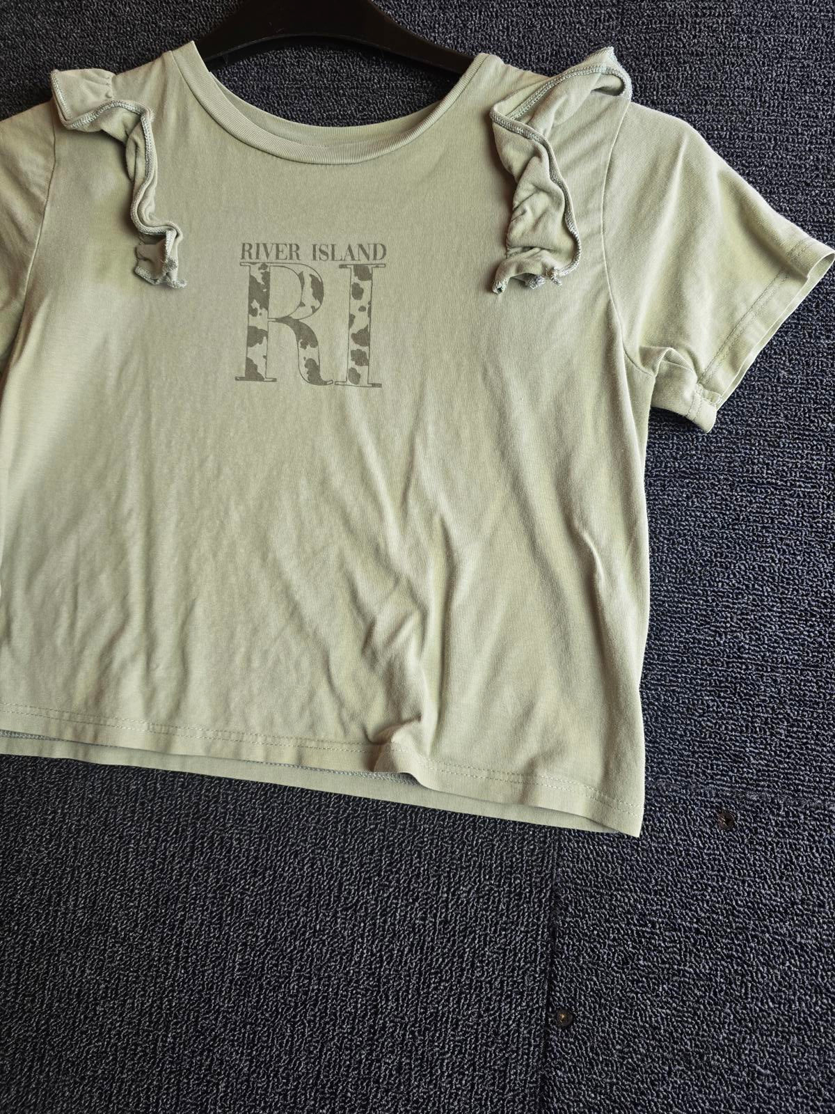River Island Girls Khaki Cropped T-Shirt Age 9–10 Frill Sleeve Cotton