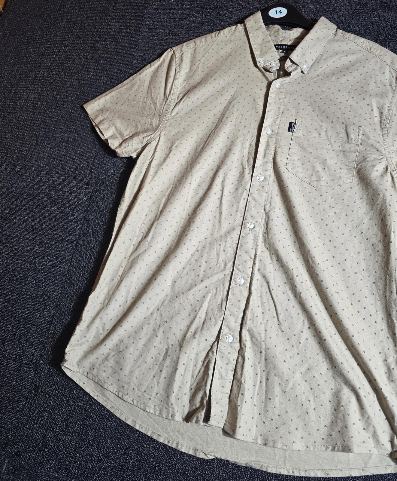 Peacocks Men’s Beige Short Sleeve Shirt Size L Button Down Cotton Regular Fit