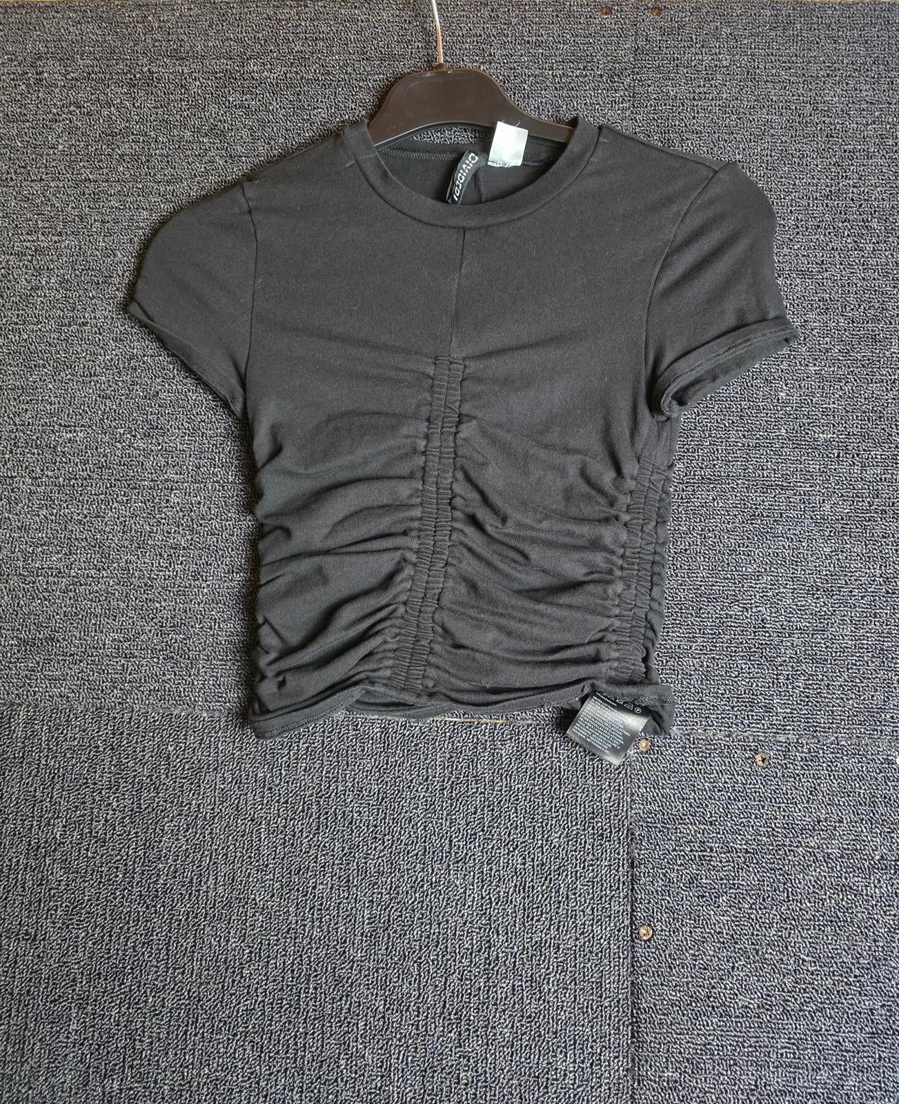 H&M Black Cropped Ruched T-Shirt Size XS Elasticated Cotton Casual