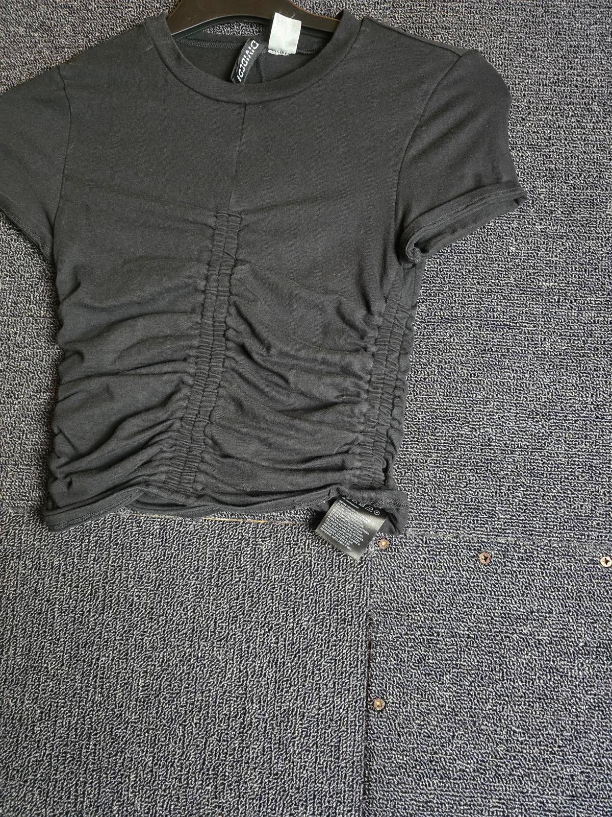 H&M Black Cropped Ruched T-Shirt Size XS Size 6 Elasticated Cotton Casual