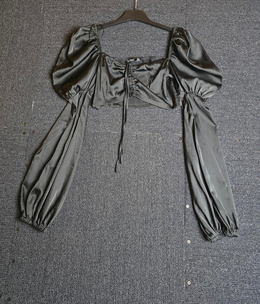 Boohoo Black Satin-Style Cropped Puff Sleeve Top Size 8