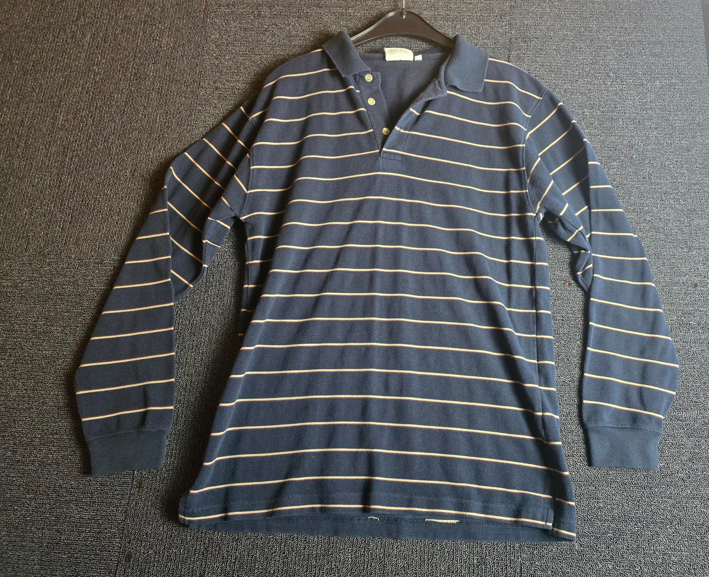 Canada Polo Top Black & Beige Striped Size L Long Sleeve