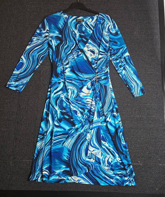 Episode Blue & White Bodycon Midi Dress Small Soze 8/10 Wrap Front 3/4 Sleeve