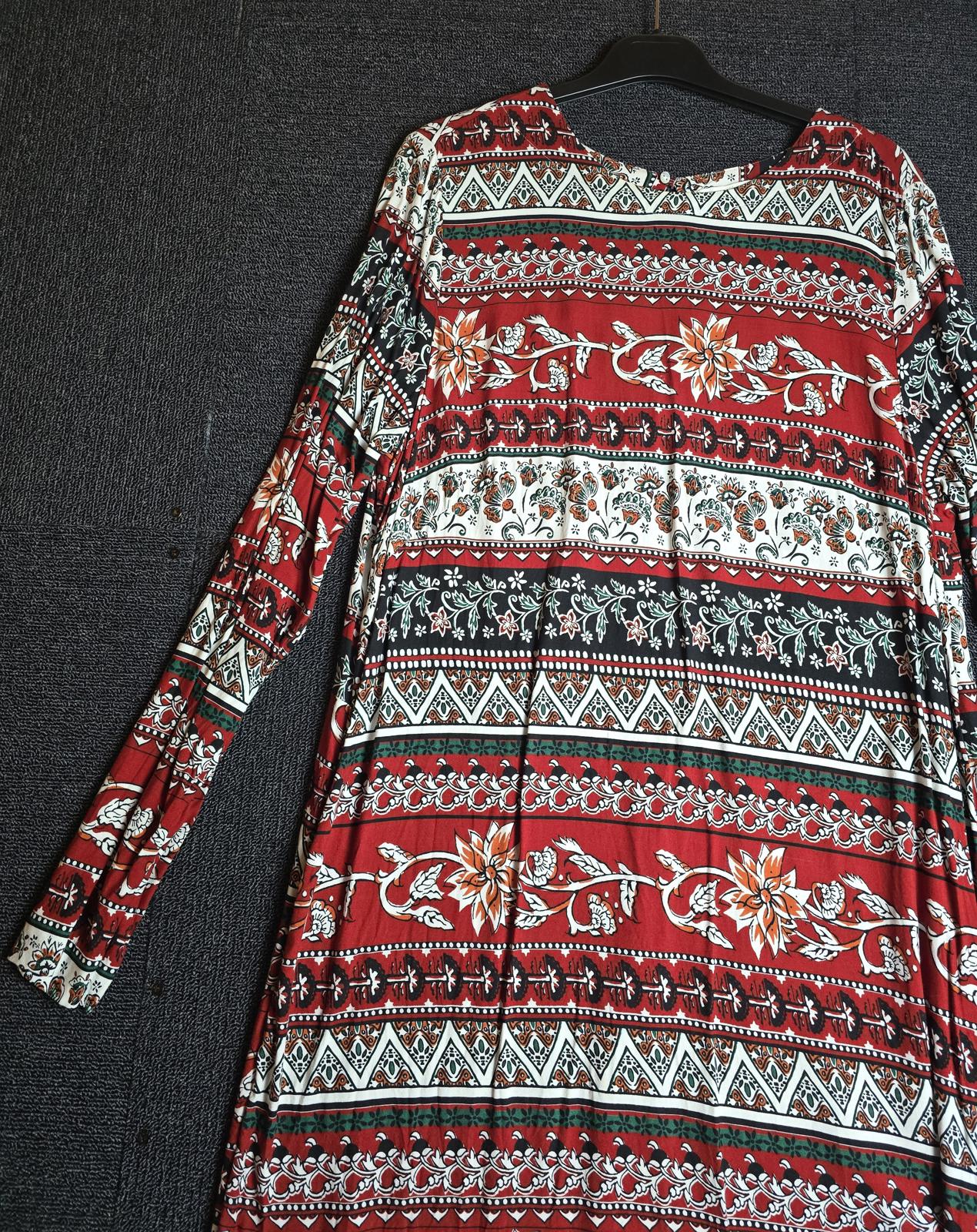 H&M Red & White Patterned A-Line Dress Size 14/16 Open Back Long Sleeve