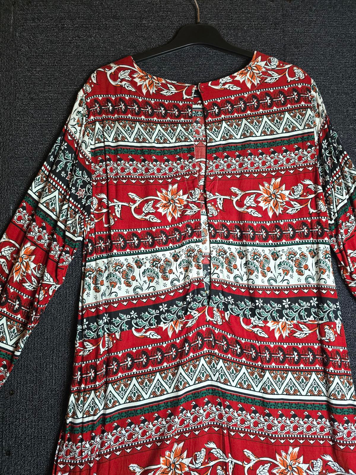 H&M Red & White Patterned A-Line Dress Size 14/16 Open Back Long Sleeve