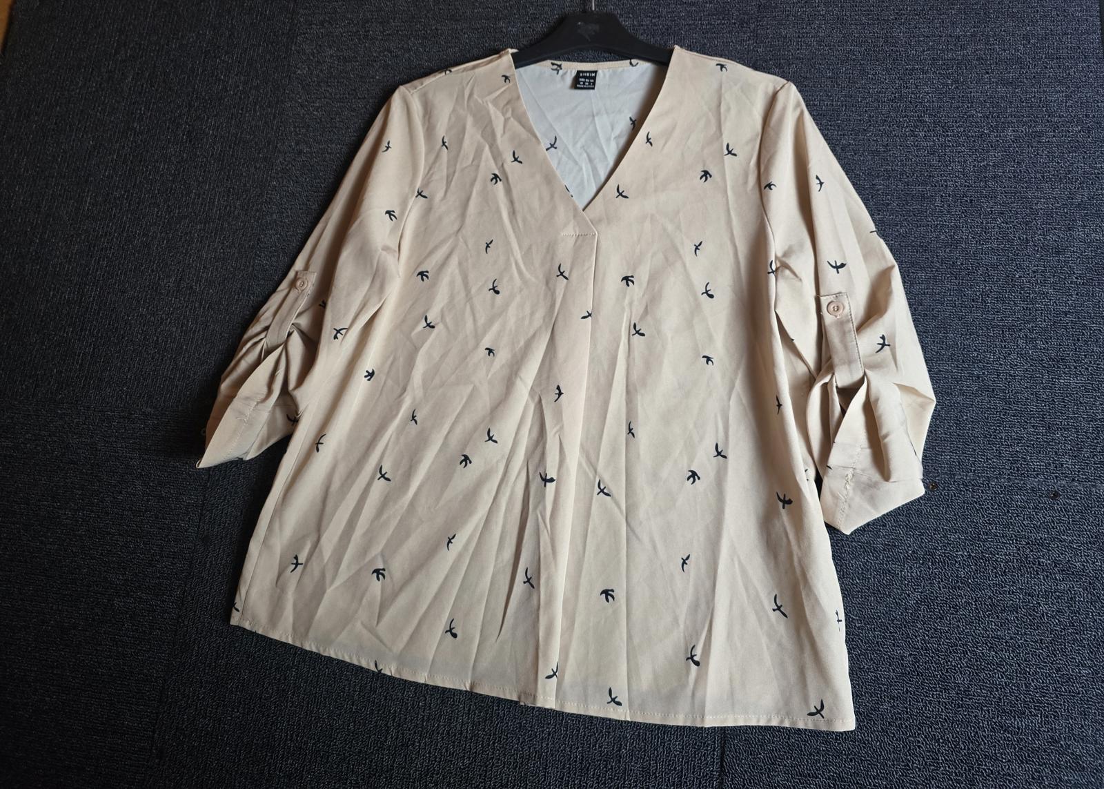 Shein Blouse Beige Bird Prin M Size 10–12 Relaxed Fit