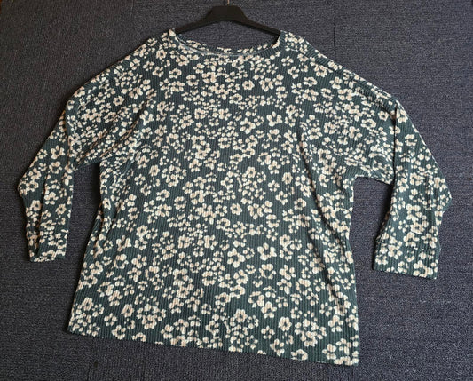 Nutmeg Green & Pale Pink Floral Ribbed Fleeced Jumper – Size 22 – Cosy & Relaxed