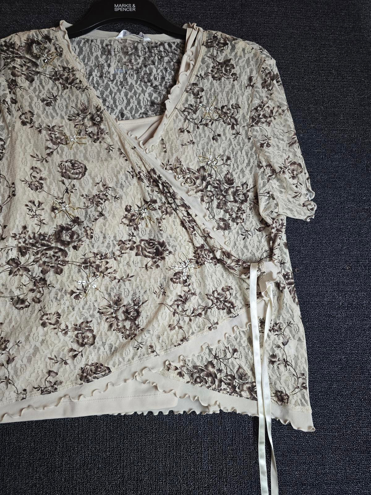 Berkertex Beige & Brown Sheer Wrap Top Size 22 Best Fit Size 18/20