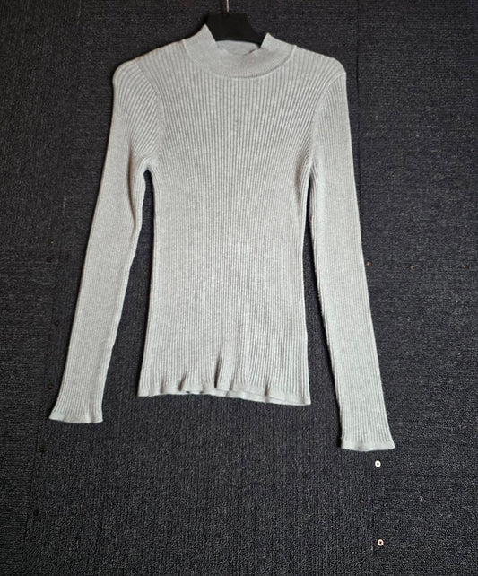 New Look Grey Ribbed High Neck Top Long Sleeve Size 12
