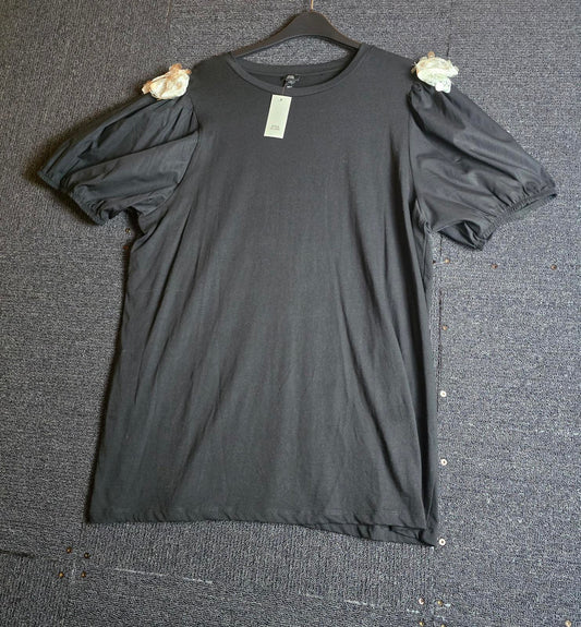 River Island Black Puff Sleeve T-Shirt Size 20 Lace Detail NWT