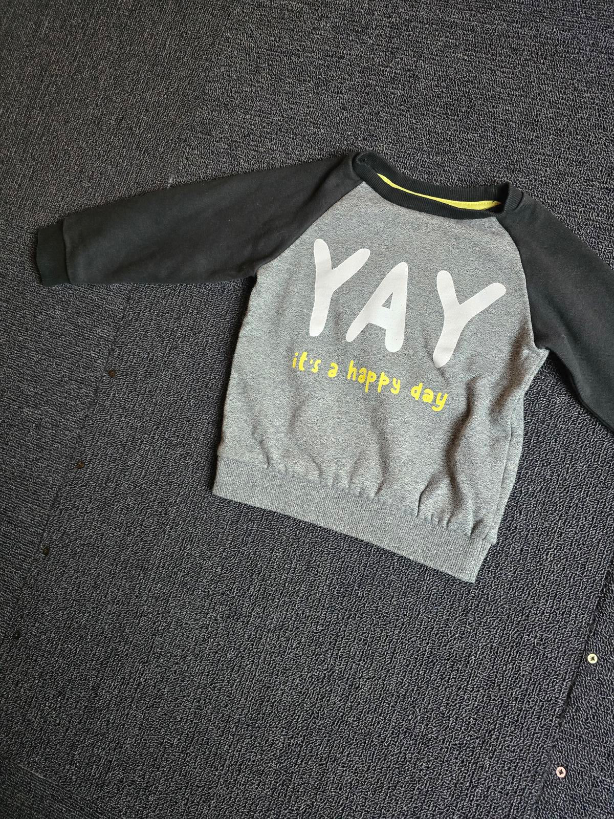 Primark Grey & Black “YAY It’s a Happy Day” Jumper – Boys 18–24 Months