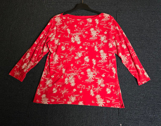 Marks & Spencer Red Tropical Print T-Shirt Size 16 3/4 Sleeve Cotton