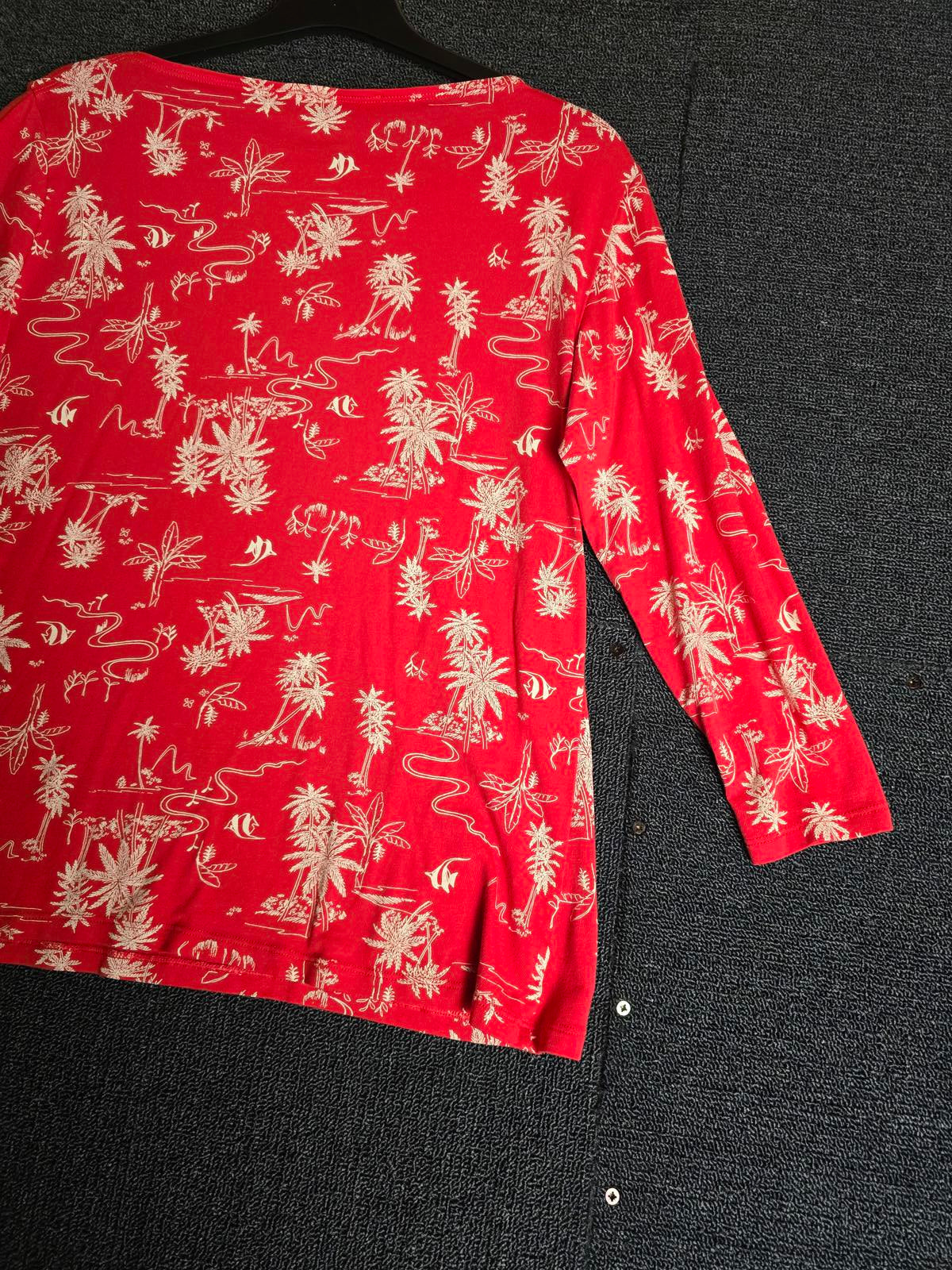 Marks & Spencer Red Tropical Print T-Shirt Size 16 3/4 Sleeve Cotton