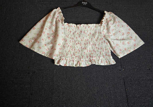 New Look White & Pink Floral Crop Top Size 10 Elasticated Flared Sleeve