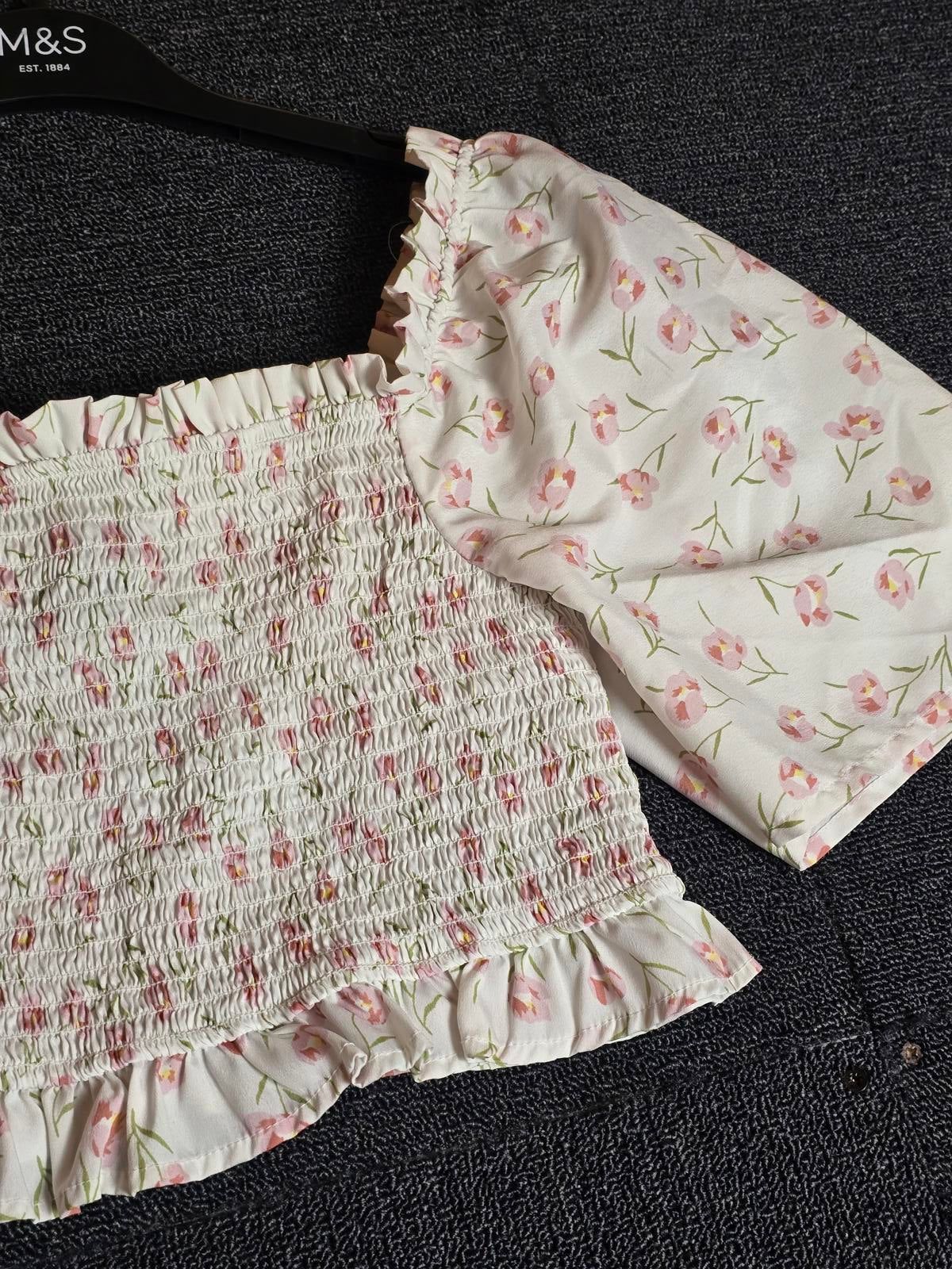 New Look White & Pink Floral Crop Top Size 10 Elasticated Flared Sleeve