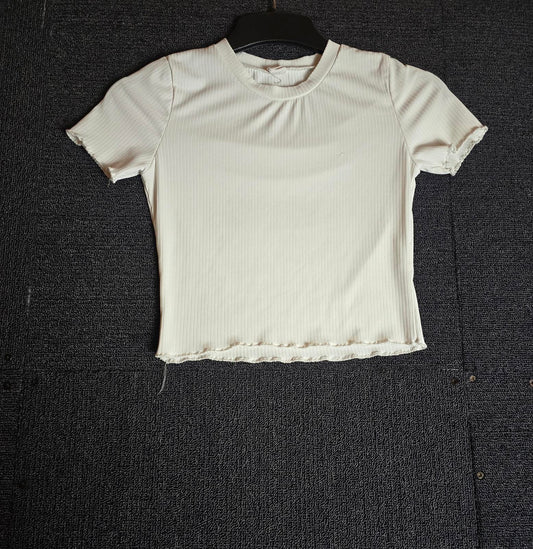 Shein Girls Cream Crop T-Shirt Size 11 Years Ribbed Short Sleeve