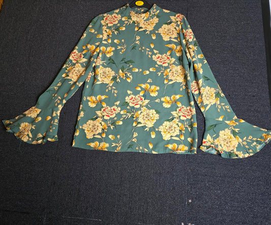 Green & Coral Floral High Neck Blouse Size 10/12 Flared Cuffs