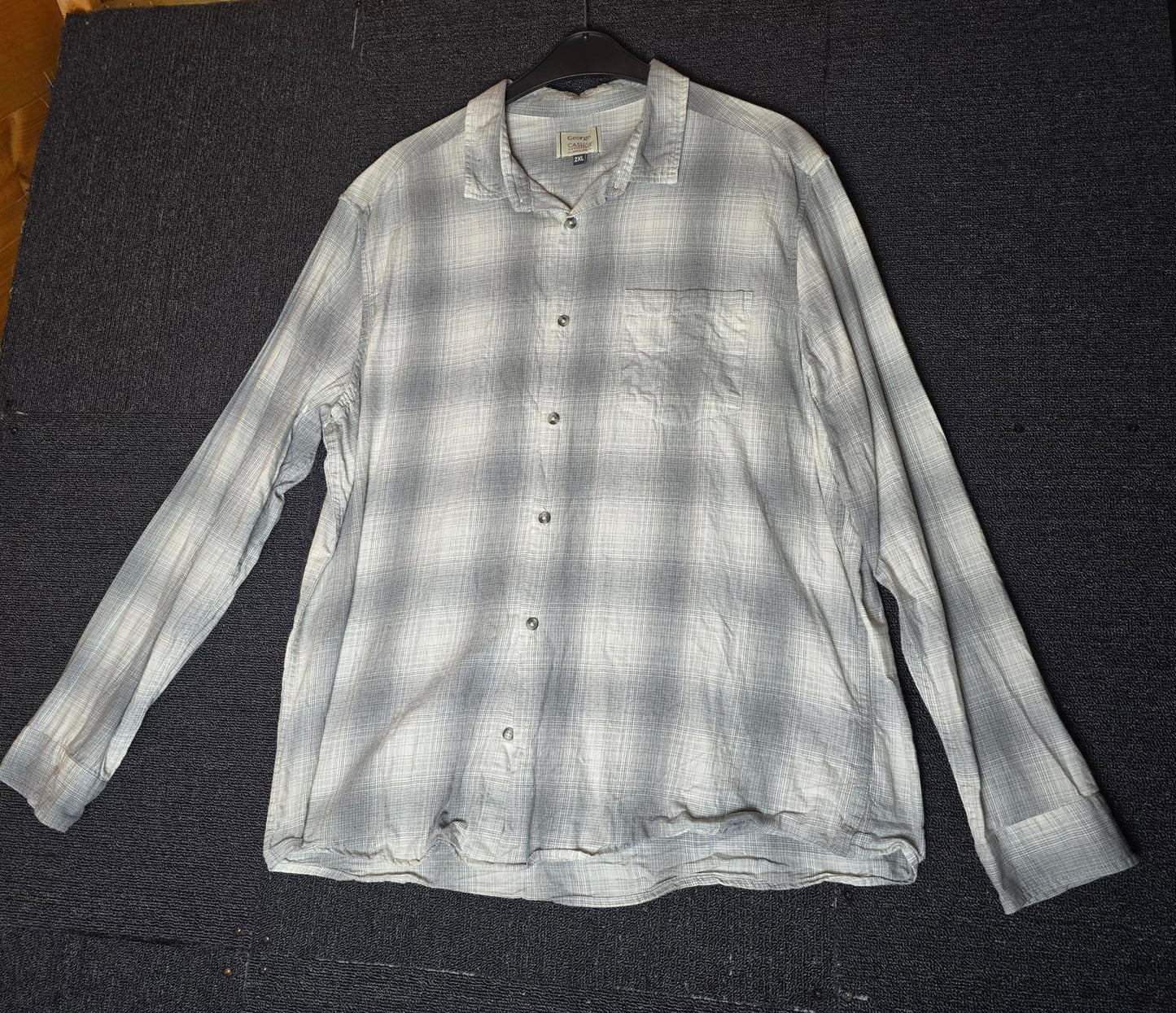 George Men's Grey & White Checked Shirt Size 2XL 100% Cotton Long Sleeve