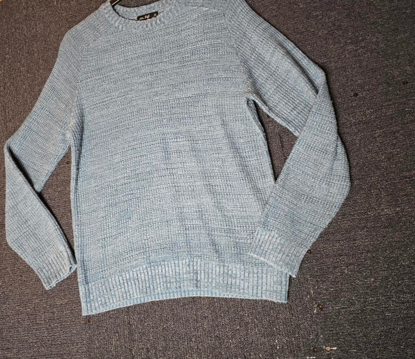 F&F Men's Blue Knitted Jumper Size Medium Cotton Blend Textured Knit