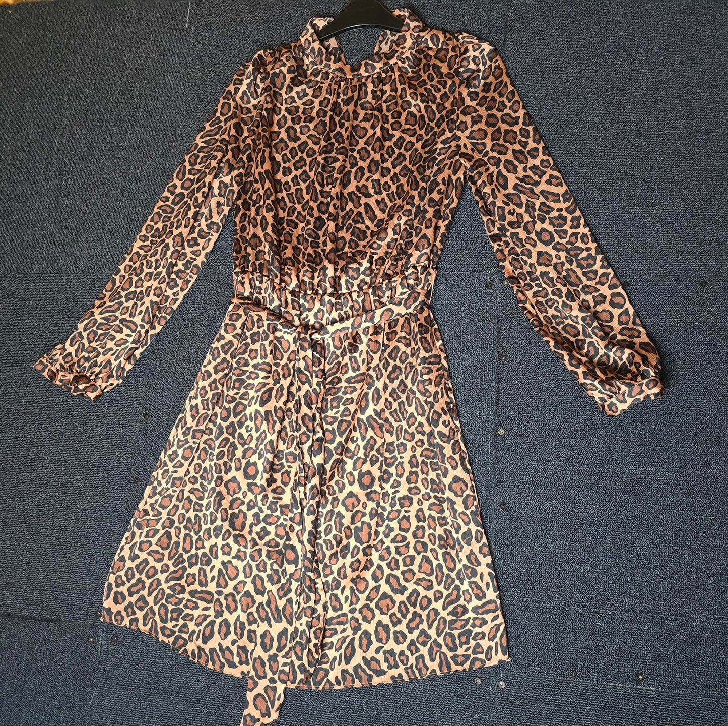 Matalan Brown Animal Print Dress Size 8 Long Sleeve Lined Belted