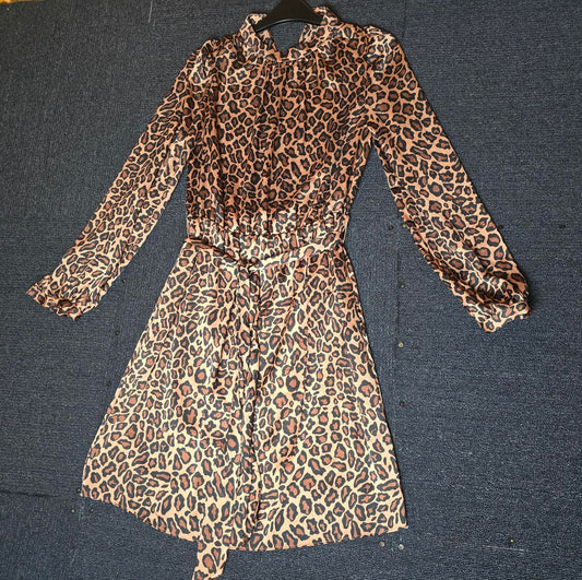 Matalan Brown Animal Print Dress Size 8 Long Sleeve Lined Belted