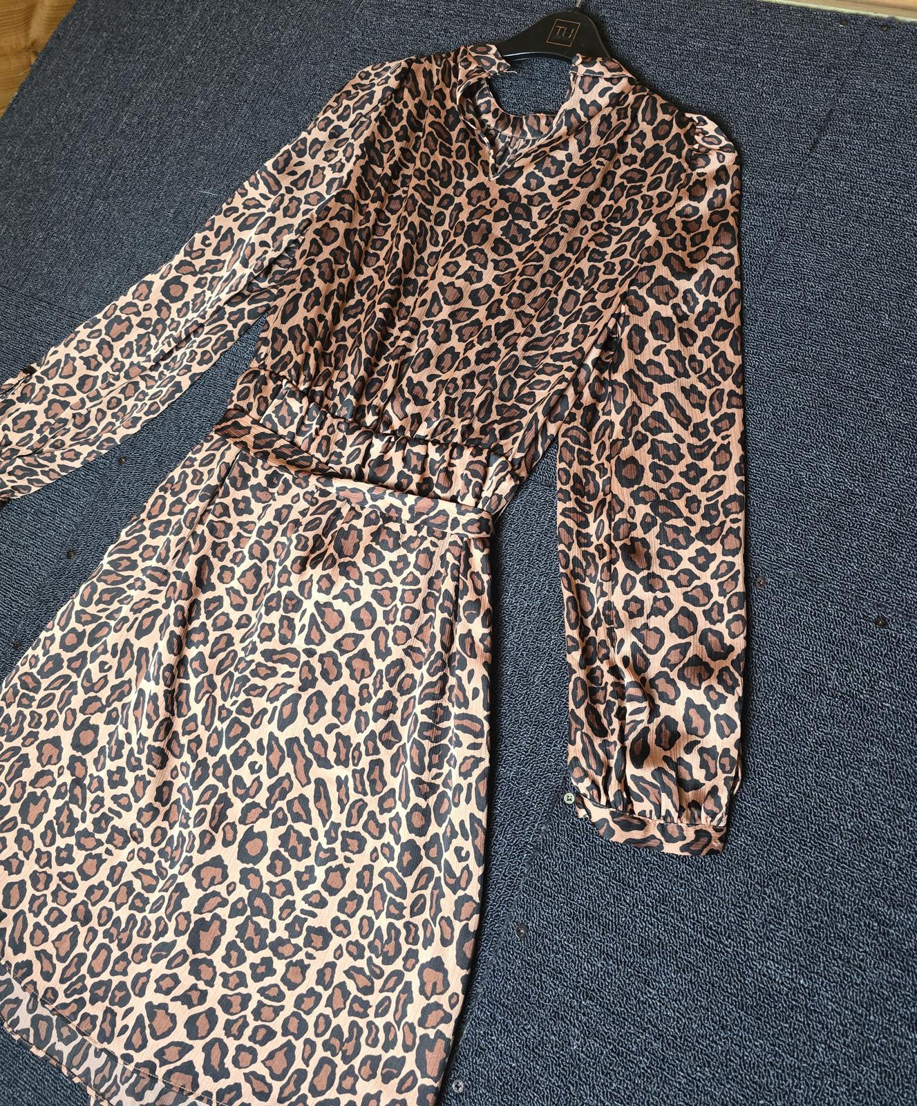 Matalan Brown Animal Print Dress Size 8 Long Sleeve Lined Belted